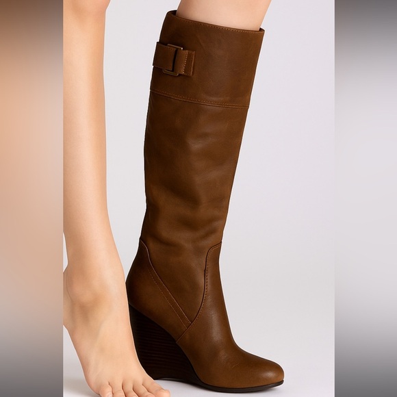 Ladies 9 West Olishao Tall Wedge Boots. Color Saddle - Picture 2 of 10